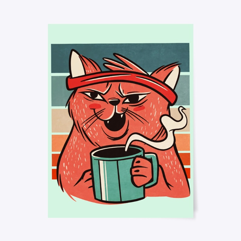 Cat Drinking Coffee, Retro Style