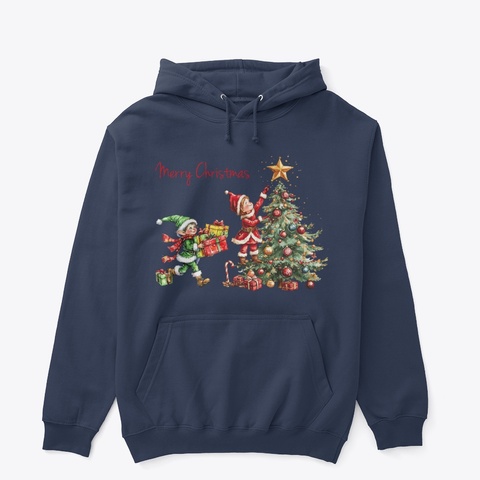 Merry Christmas With Elves Navy T-Shirt Front