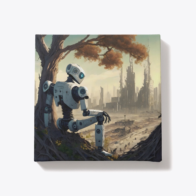 Robot looking at a ruined city