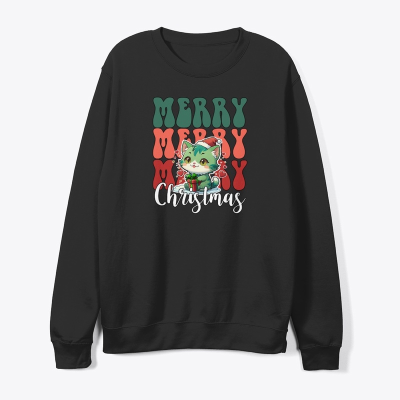 Retro Merry Christmas, green cat