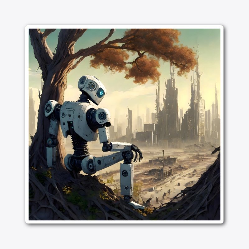 Robot looking at a ruined city