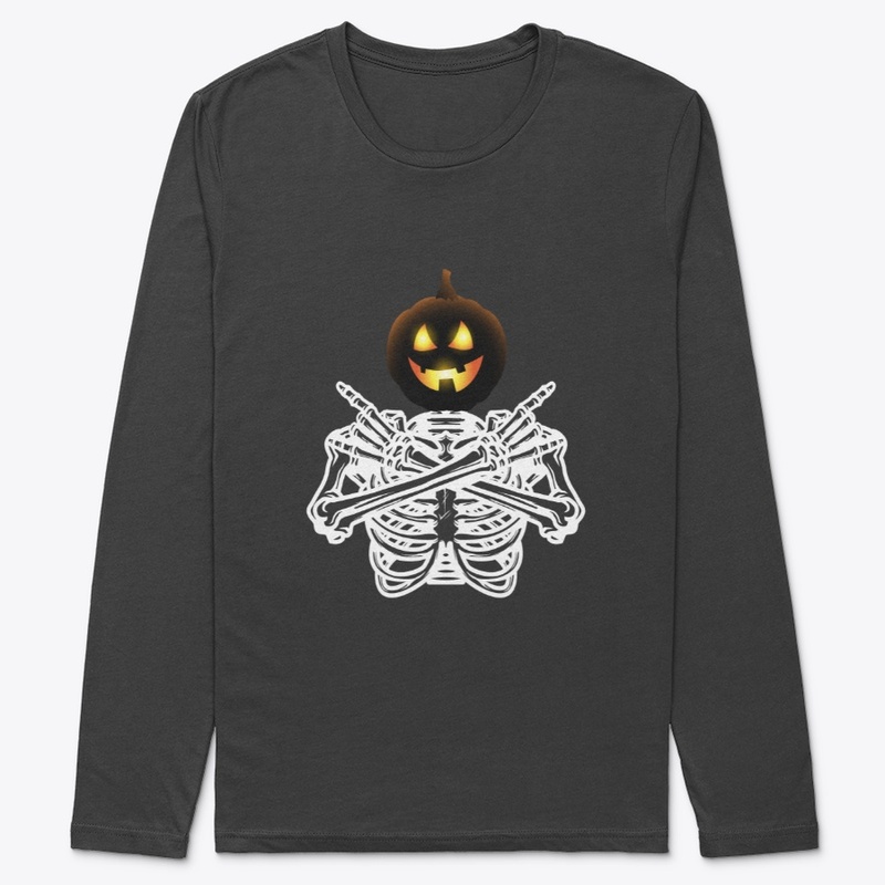 Funny Halloween Pumpkin Head On Skeleton
