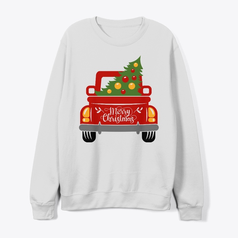 Vintage red trucks with christmas tree