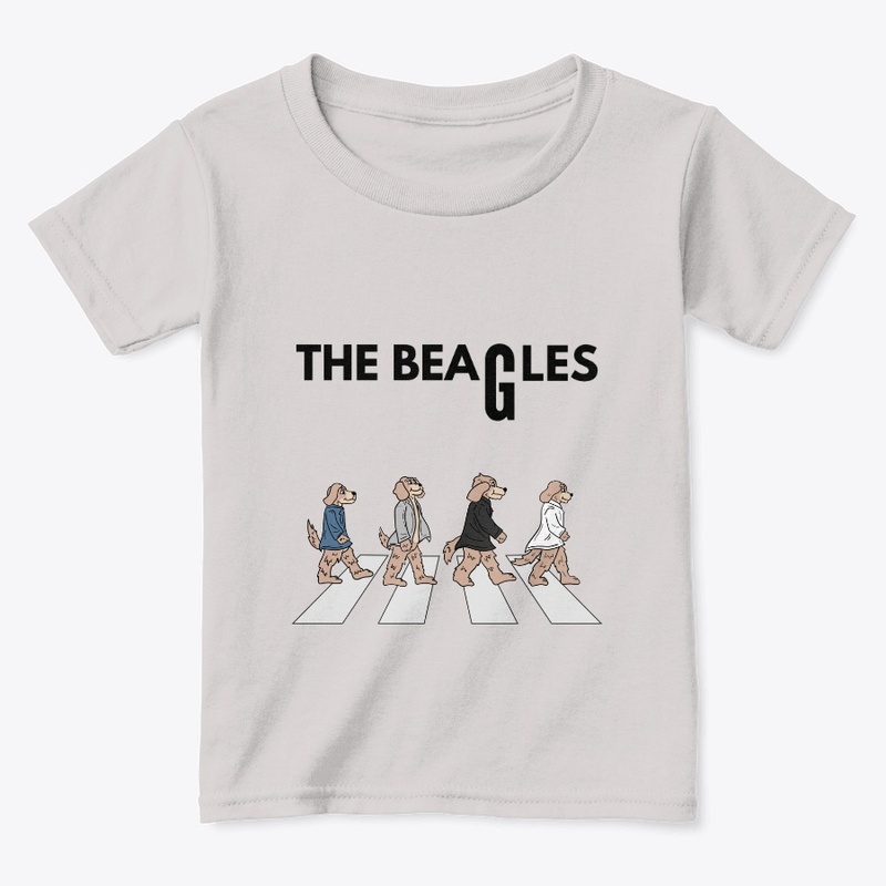 Four Beagles wearing Jackets walking