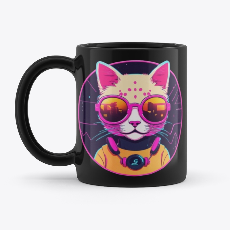 Cyber Cat Black Neon Retro Style