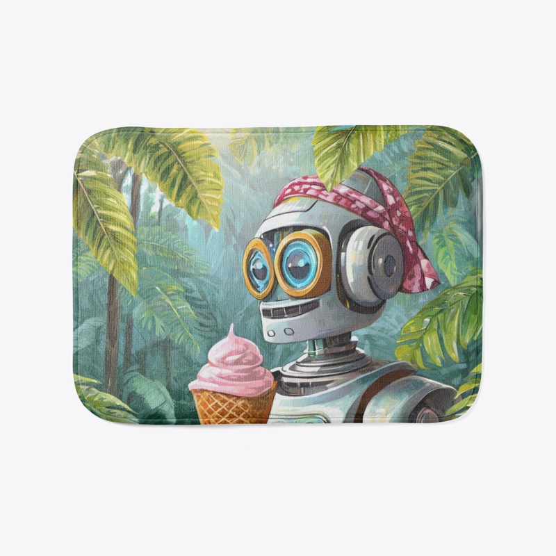 Robot eating icecream in the jungle