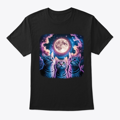 Funny Cat Three Cat Moon 3 Wolfs Cute Black T-Shirt Front