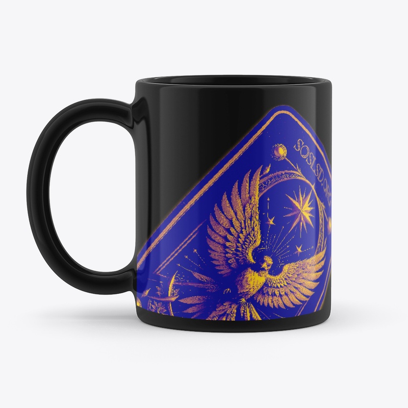 Survivor Tarot blk mug in SOSL blu/yel