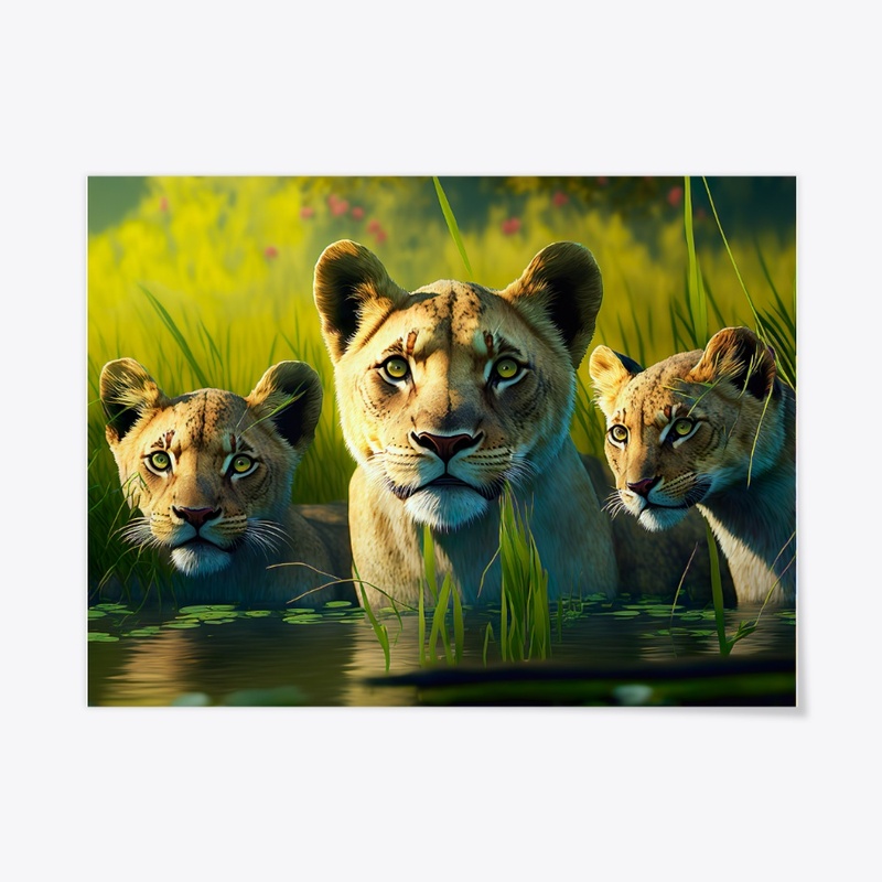 Lioness and cubs in the water