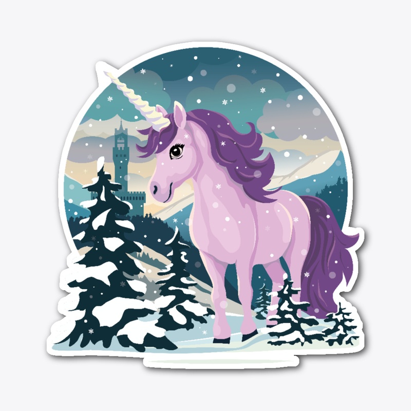 Cute unicorn in a winter landscape