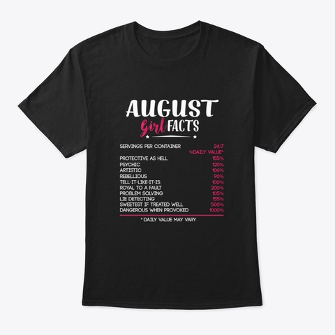 August Girl Facts  Birthday Tee Gift Black Camiseta Front