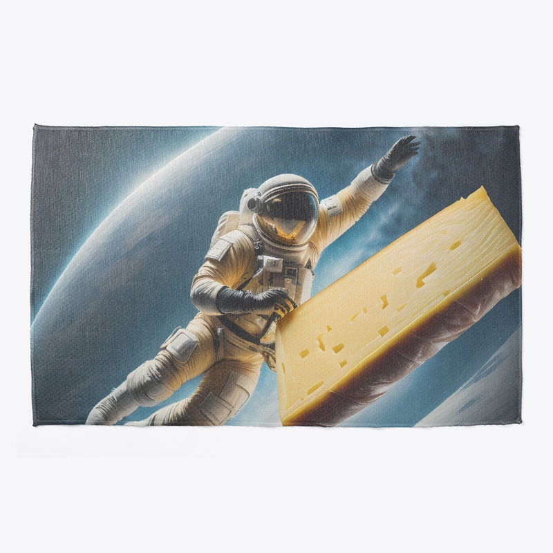 A spaceman chasing a piece of cheese