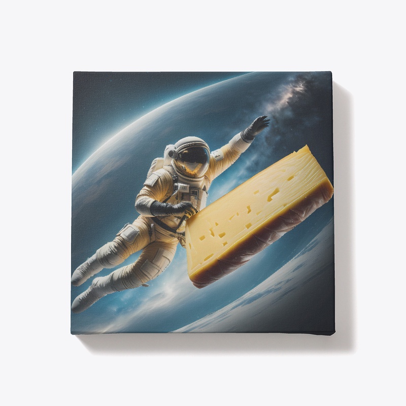 A spaceman chasing a piece of cheese