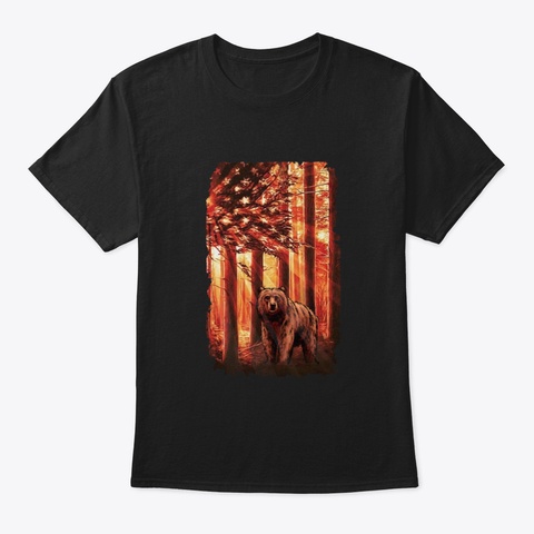 Camping Bear America Flag Black T-Shirt Front
