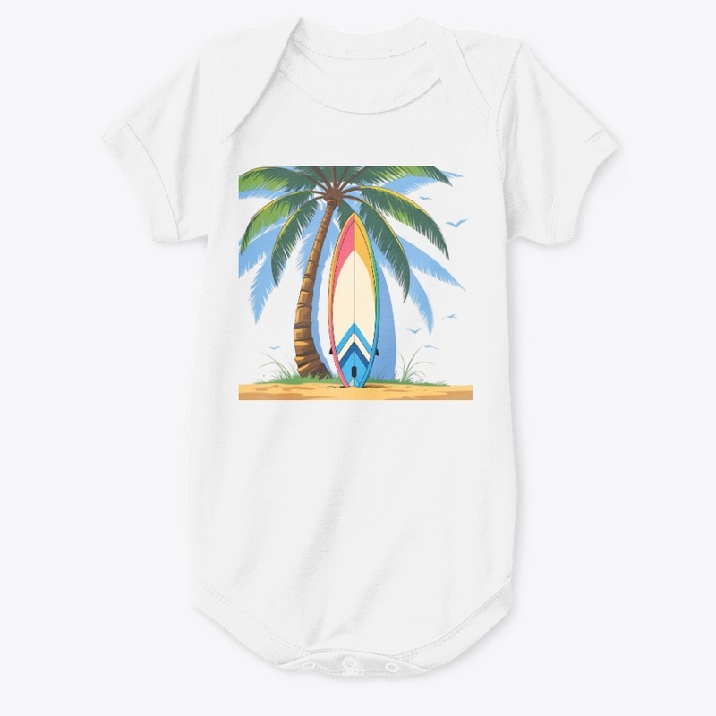 Surfboard leaning on a palm tree 