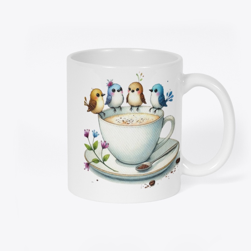 Tiny birds and mug.