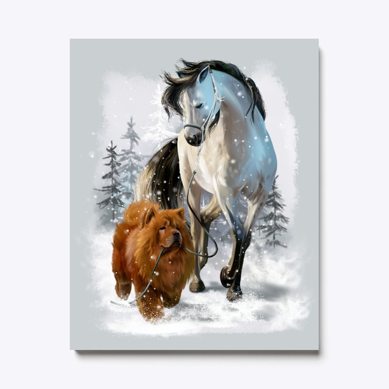 A dog is holding the horse's rope