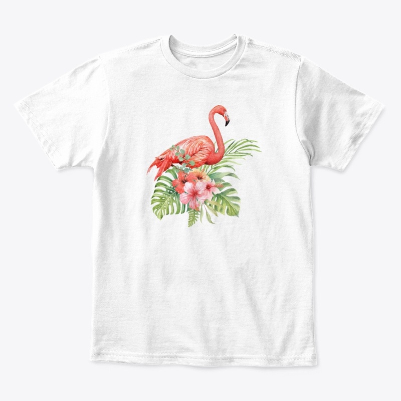 Watercolor flamingo in hibiscus bouquet
