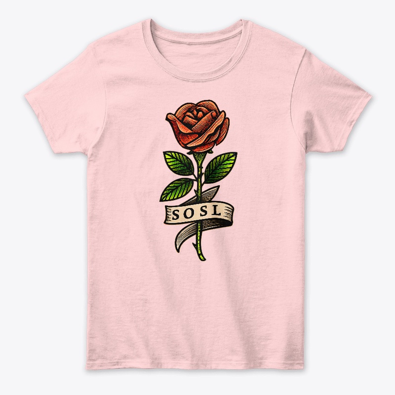 Single Rose womens T, full color peach