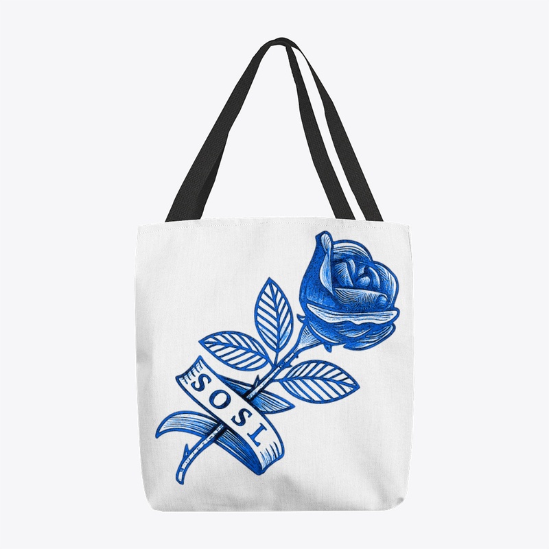 Single Rose printed tote in pottery blue