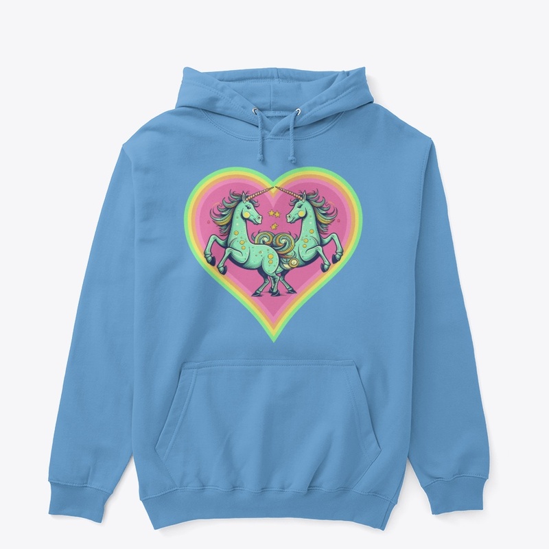 Two unicorns, stars in rainbow heart