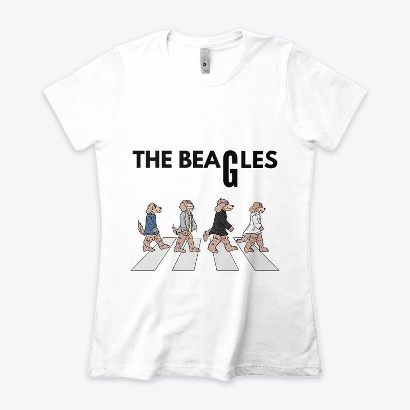 Four Beagles wearing Jackets walking