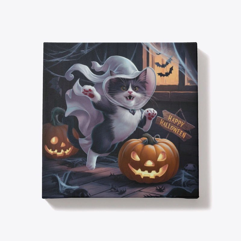 Happy Halloween Ghost Cat Canvas
