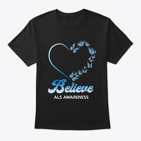 Blue And White Butterflies Heart Believe Black T-Shirt Front