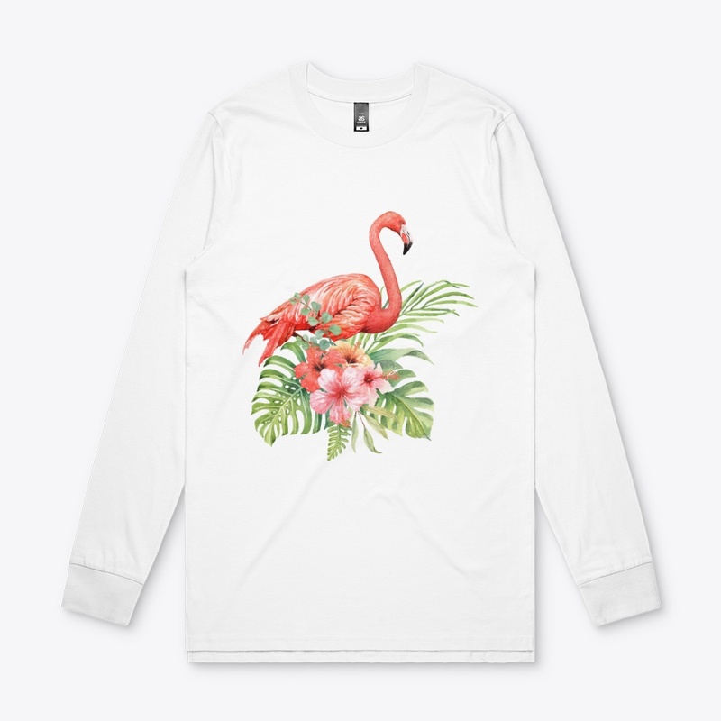 Watercolor flamingo in hibiscus bouquet