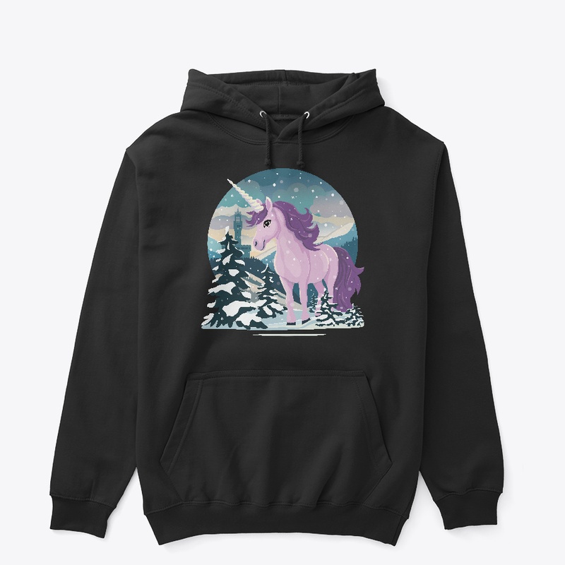 Cute unicorn in a winter landscape