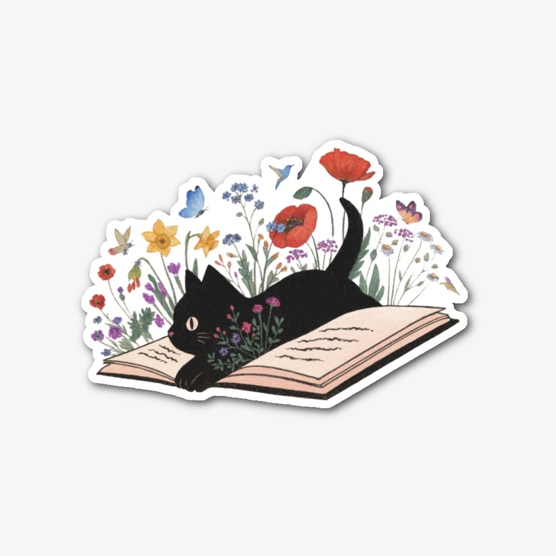 Black Cat & Blooming Book Whimsical