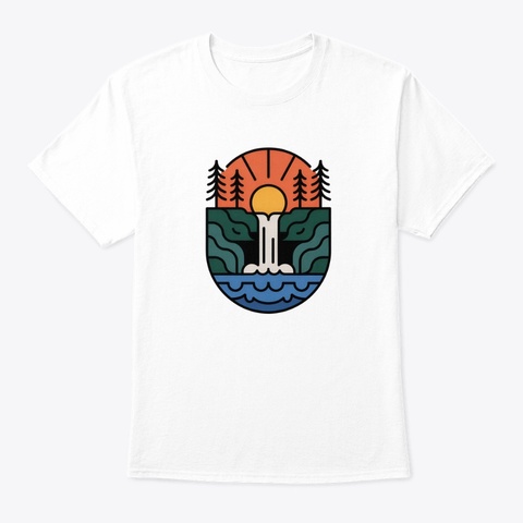 Forest And Waterfall Sunset White T-Shirt Front