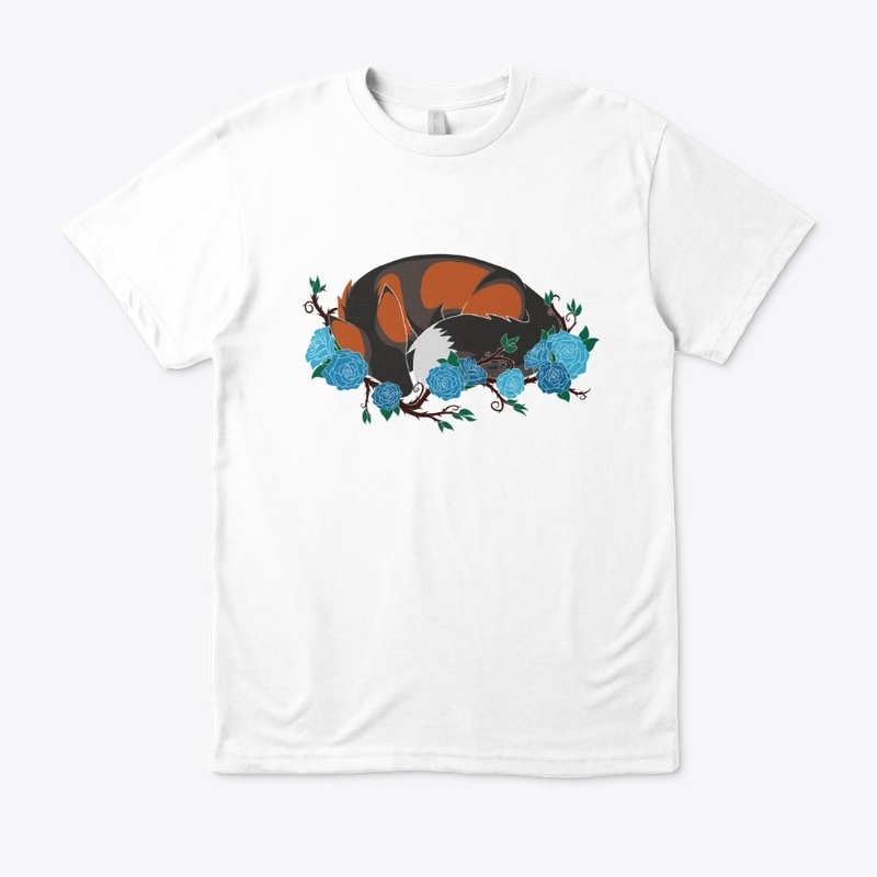 Laying fox with blue roses