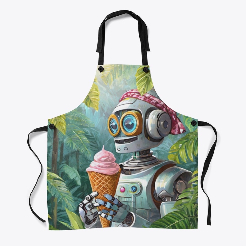 Robot eating icecream in the jungle