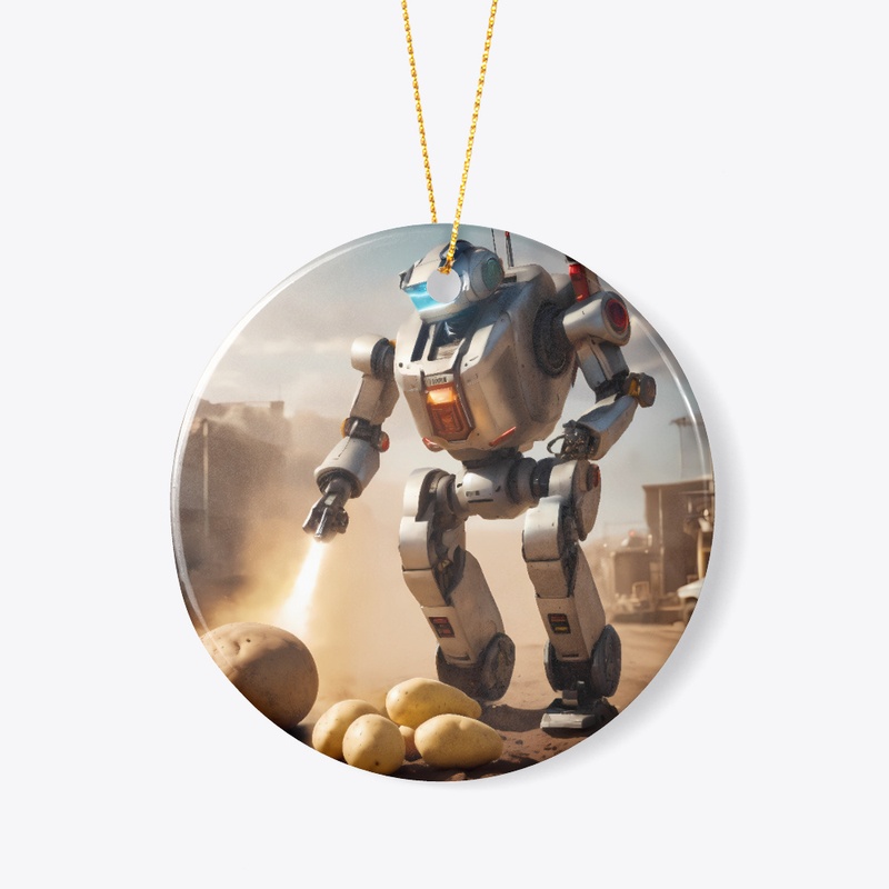 A robot attacking a potato.