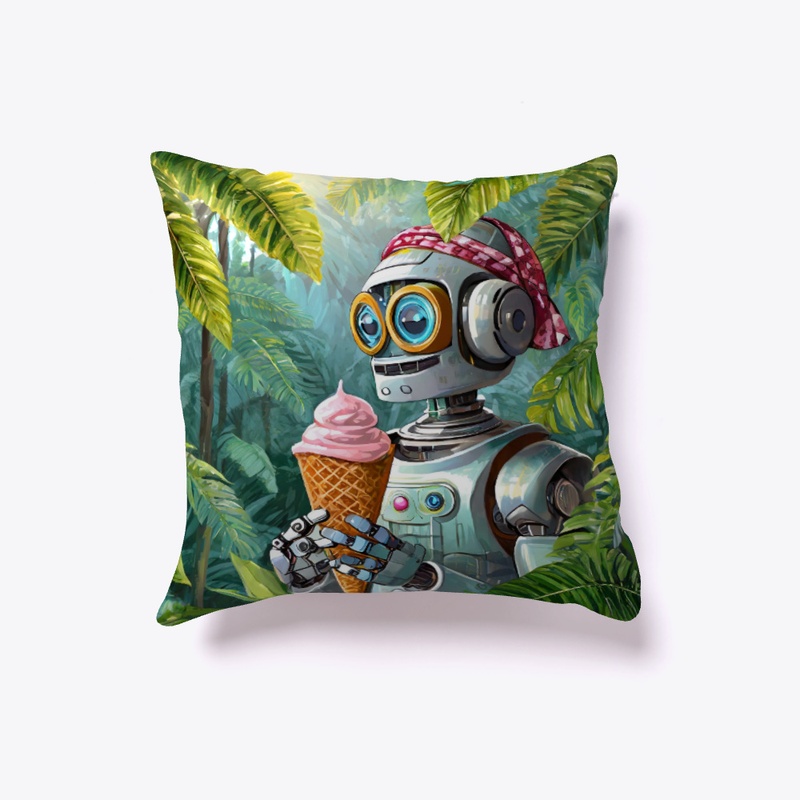 Robot eating icecream in the jungle