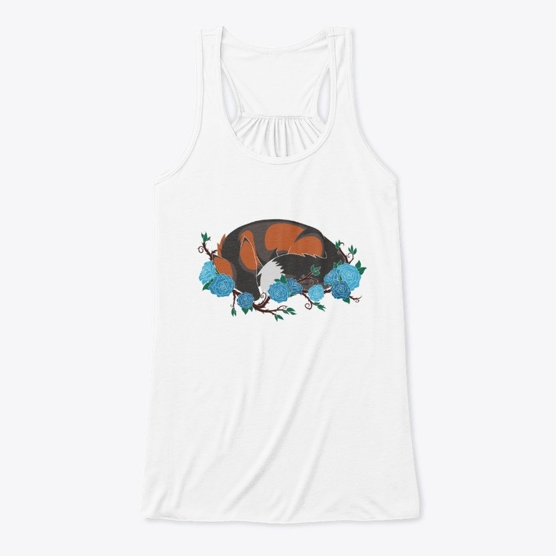 Laying fox with blue roses