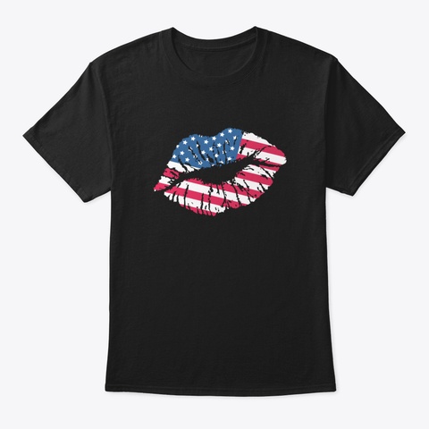 4 Th Of July Kiss Lips American Flag Black T-Shirt Front