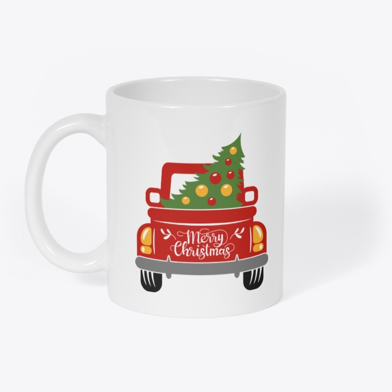 Vintage red trucks with christmas tree