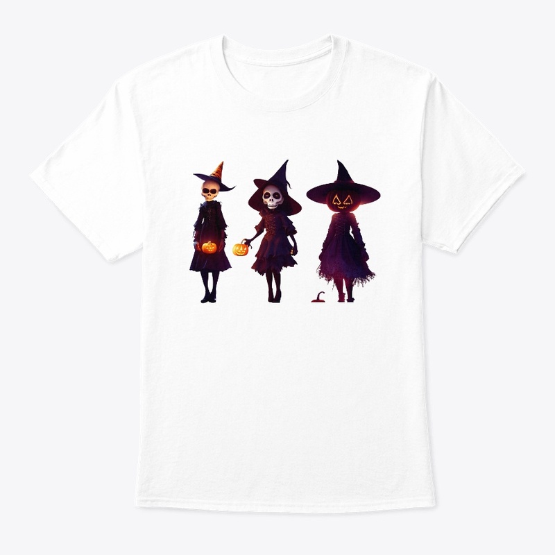 three halloween witches with pumpkins