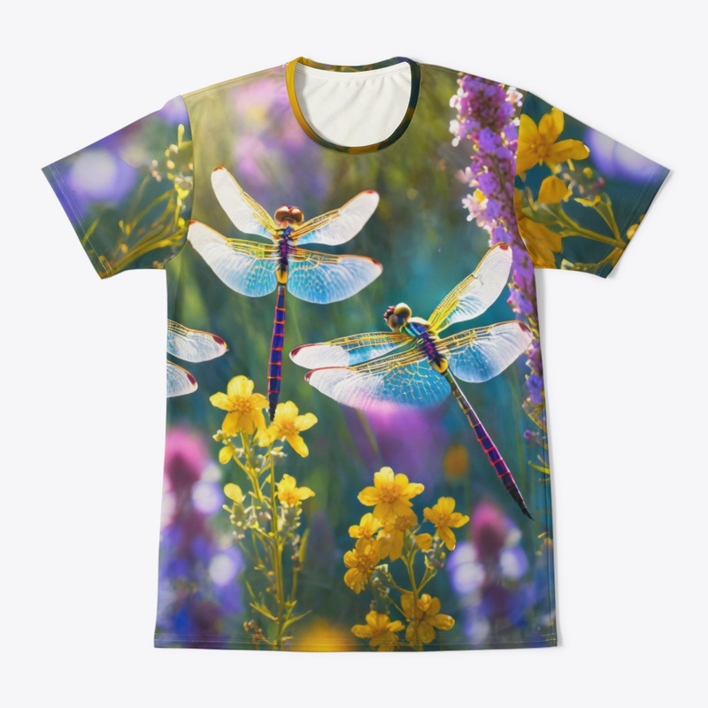 Dragonflies in meadow of colorful flower