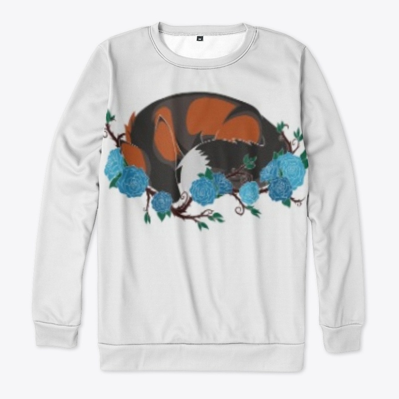 Laying fox with blue roses