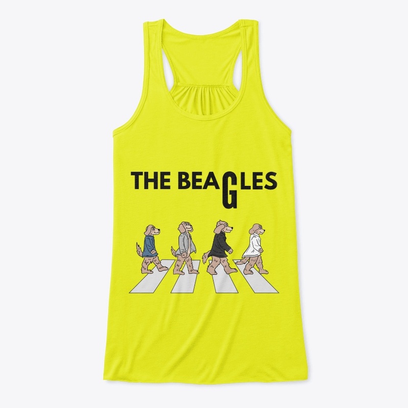 Four Beagles wearing Jackets walking