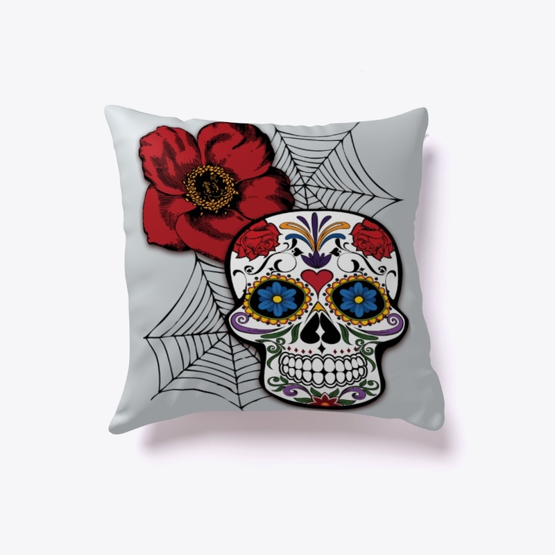 Colorful Sugar Skull with Red Flower