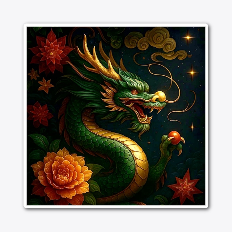 Golden Horned Dragon Night Sky Flower