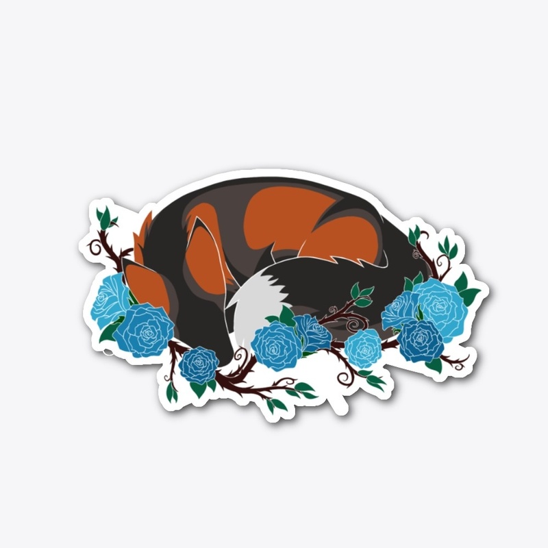 Laying fox with blue roses