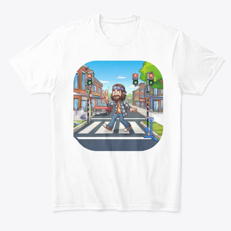 A hippie crossing a street