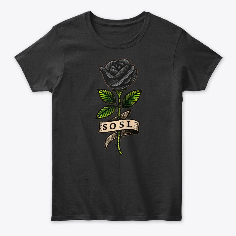 Single Rose womens T, full color black 