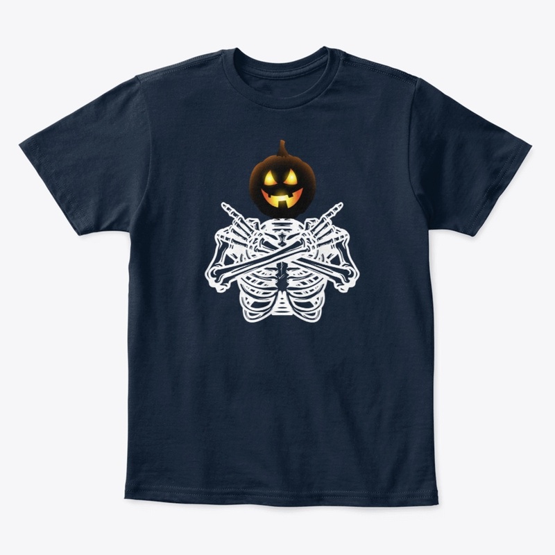 Funny Halloween Pumpkin Head On Skeleton