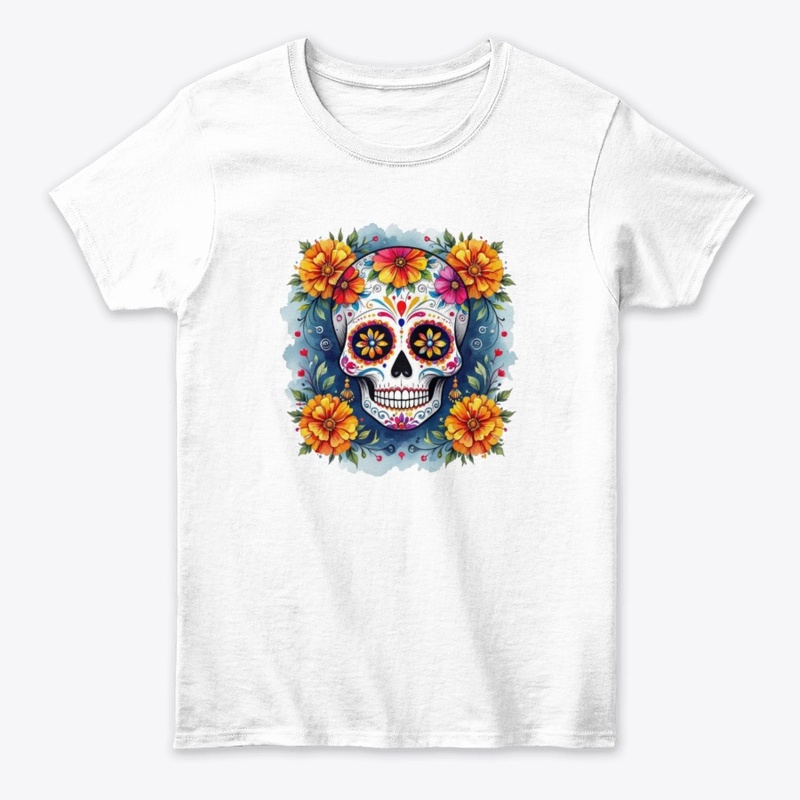 Vibrant Sugar Skull with Marigolds 